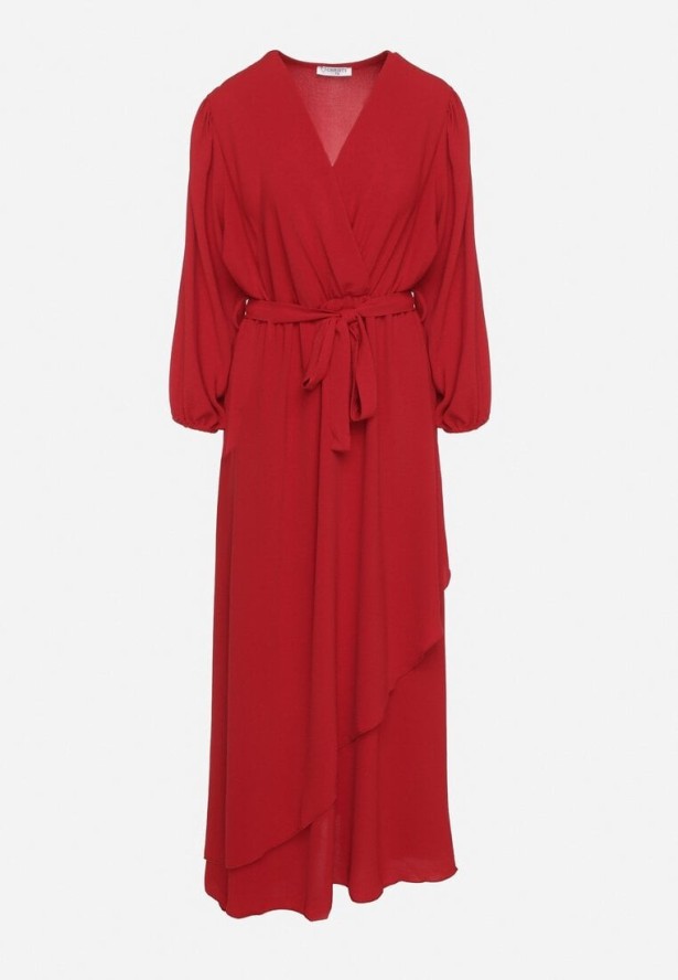 Czerwona Kopertowa Asymetryczna Sukienka Koktajlowa z Wiskozą Ozdobiona Paskiem Lanoresa