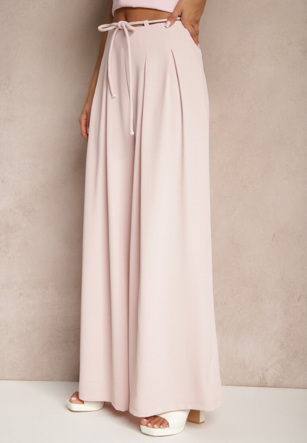 Różowe Szerokie Spodnie High Waist Zapinane na Suwak z Wiązaniem w Talii Vikonnia