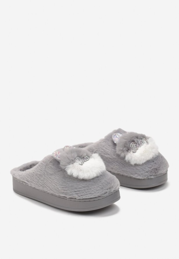 Szare Płaskie Kapcie z Aplikacją 3D w Kształcie Króliczka Munere