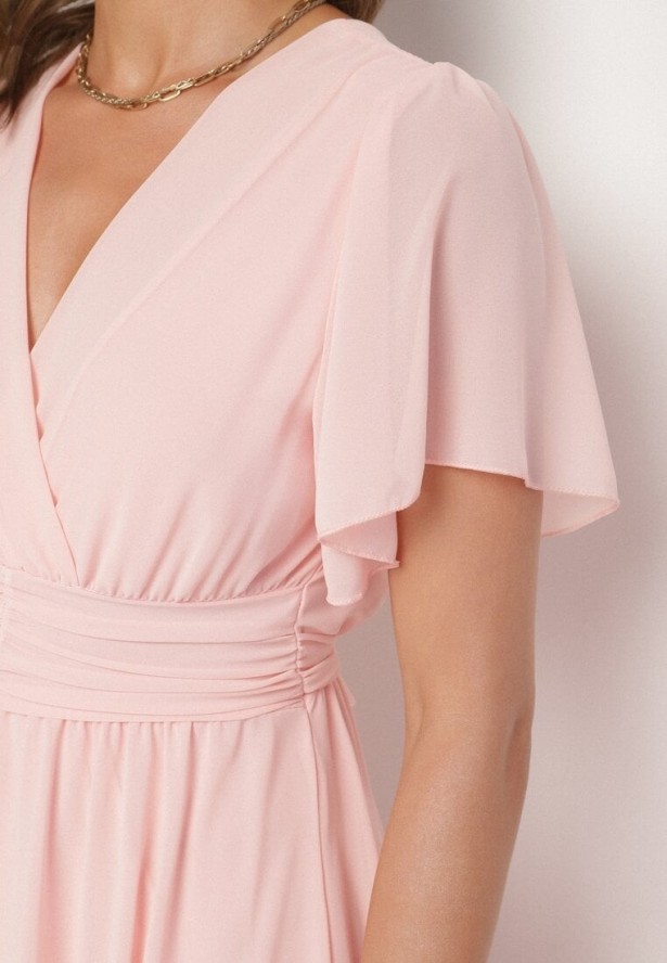 Jasnoróżowa Kopertowa Sukienka Maxi z Gumką w Pasie Narlin