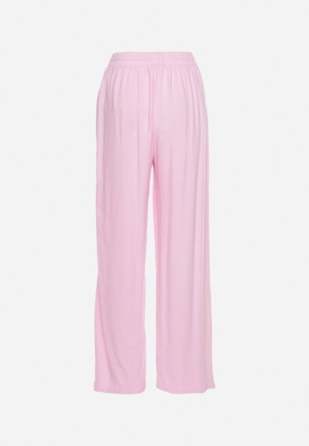 Różowe Wiskozowe Spodnie z Lnem o Szerokich Nogawkach Almaris