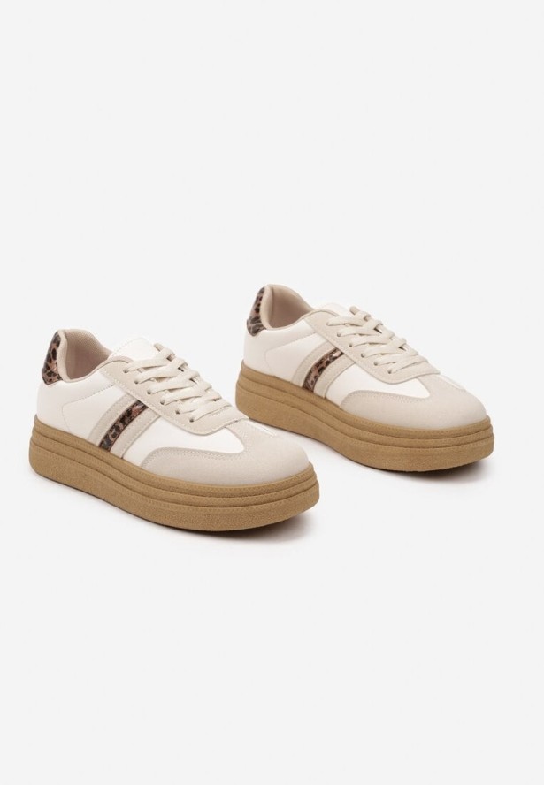 Beżowe Sneakersy na Platformie w Stylu Kultowych Tenisówek Ozdobione Wzorem w Panterkę Gonoriel