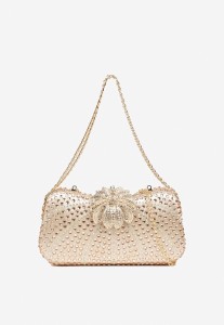 Złota Torebka Kopertówka z Łańcuszkiem Zdobiona Cyrkoniami i Kwiatową Aplikacją Fessaluna