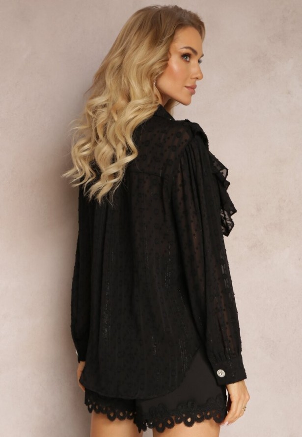 Czarna Koszula Plumeti z Falbanką i Metaliczną Nitką Eutria