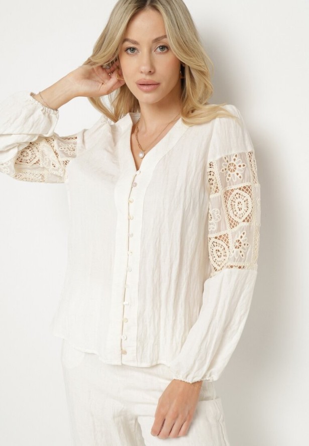 Beżowa Bawełniana Koszula z Bufiastymi Rękawami z Haftem i Koronką Meledis