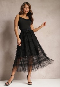 Czarna Tiulowa Spódnica Maxi z Gumką w Pasie i Falbankami Mahlia