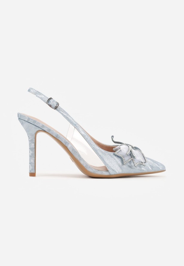 Niebieskie Szpilki VICES Slingback z Kokardą Cyrkoniami i Transparetną Wstawką Kalilise