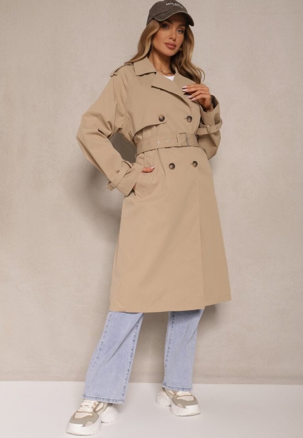 Ciemnobeżowy Dwurzędowy Płaszcz Typu Trencz z Pagonami i Paskiem w Talii Malwizia