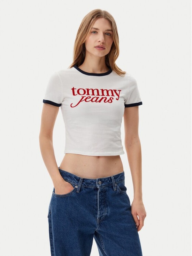 Tommy Jeans T-Shirt Script Ringer DW0DW20631 Écru Slim Fit