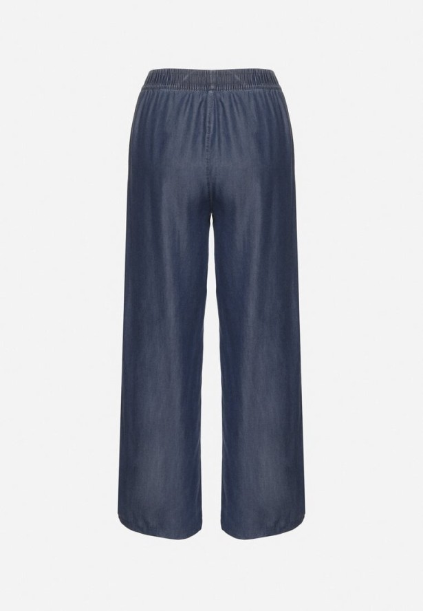 Granatowe Szerokie Spodnie z Bawełny Ozdobione Wiązaniem Evipolli