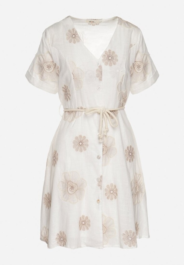 Biała Sukienka w Stylu Boho w Haftowane Kwiaty ze Sznurkiem Evionis