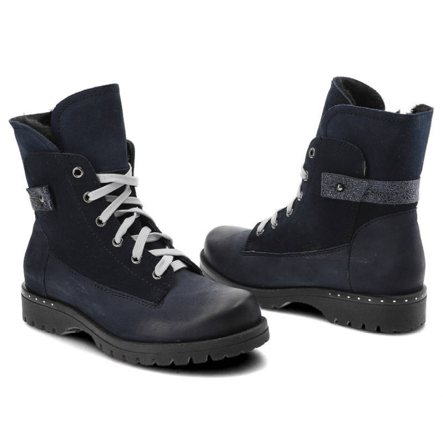 Granatowe Botki Pollonus Skórzane Ocieplane Buty Damskie