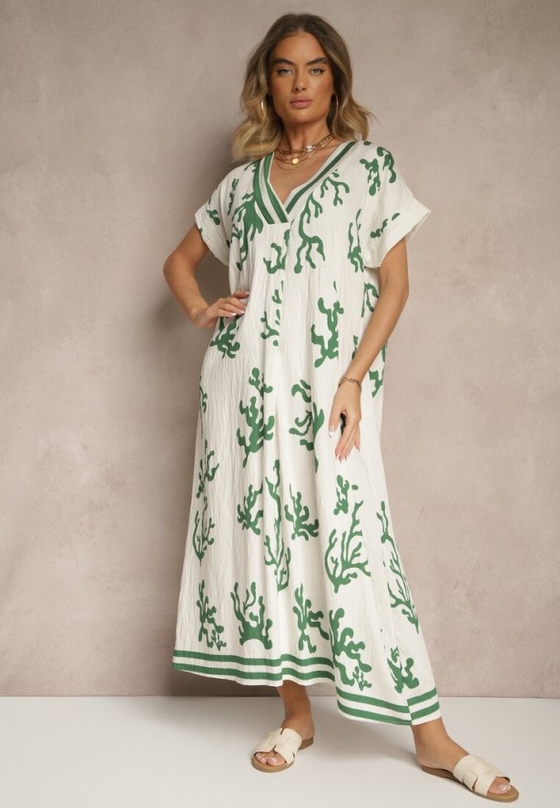 Zielono-Beżowa Pudełkowa Sukienka z Wiskozą i Lnem Sadeone