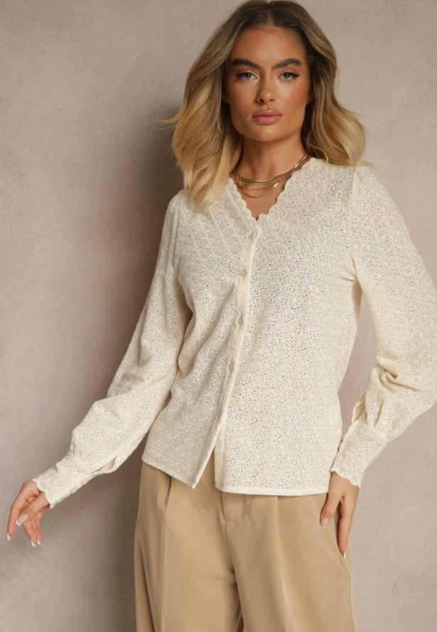 Jasnobeżowa Koszula Bawełniana o Ażurowym Wzorze Yorisia