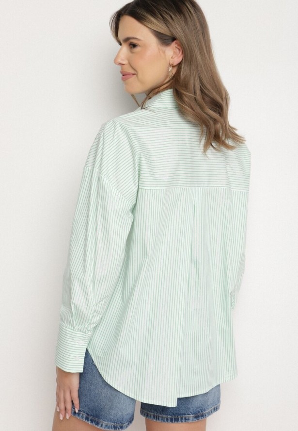 Zielona Bawełniana Koszula Oversize w Prążki Zdobiona Metaliczną Nicią Paserella