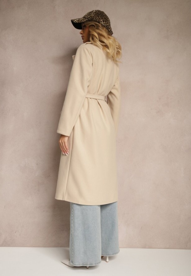 Jasnobeżowy Taliowany Płaszcz z Wiązanym Paskiem Seraphique