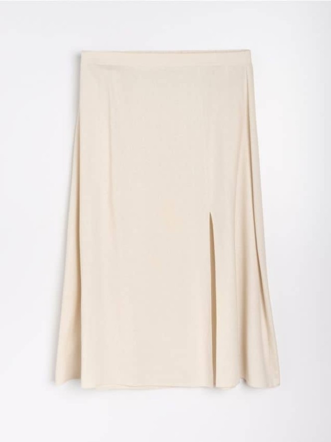 Spódnica midi z rozcięciem z wiskozą i domieszką lnu Plus size - beżowy
