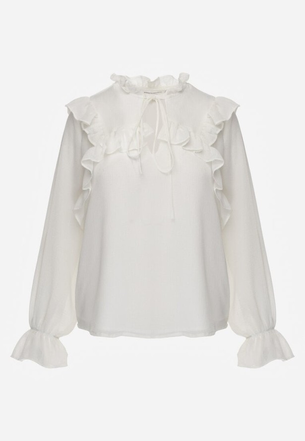 Biała Bluzka w Stylu Coquette z Falbankami i Wiązaniem przy Szyi Seathrina