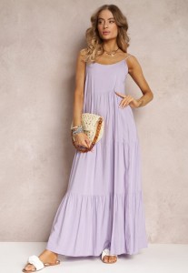Fioletowa Sukienka Maxi z Wiskozy na Ramiączkach Avaja
