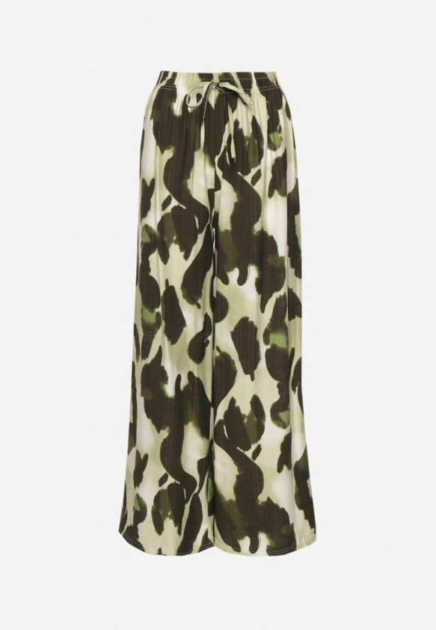 Jasnozielone Spodnie z Wiskozy o Szerokim Kroju z Wysokim Stanem w Panterkę Zelmara