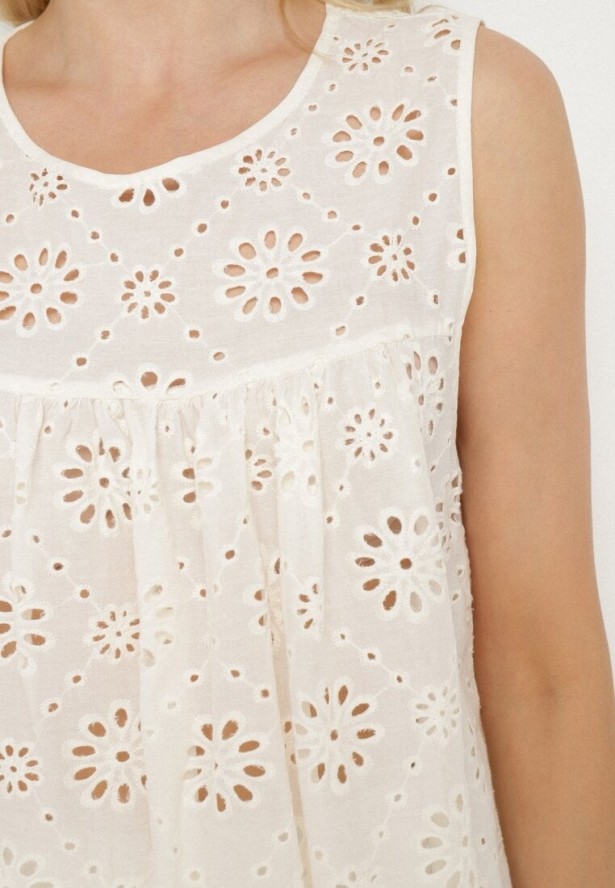 Jasnobeżowa Bawełniana Bluzka Top Bez Rękawów o Ażurowym Wykończeniu Xilnea