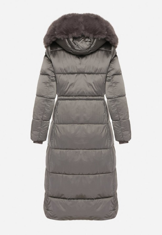 Szara Długa Kurtka Puchowa z Pikowanymi Przeszyciami i Kapturem z Futrem Zevea