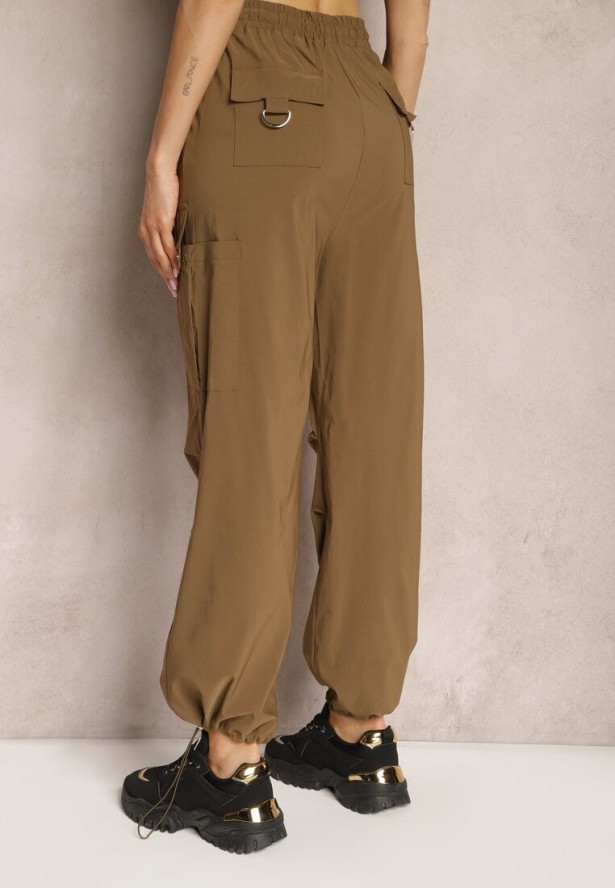 Brązowe Szerokie Spodnie High Waist w Stylu Bojówek Wykończone Gumką w Talii Ellcara