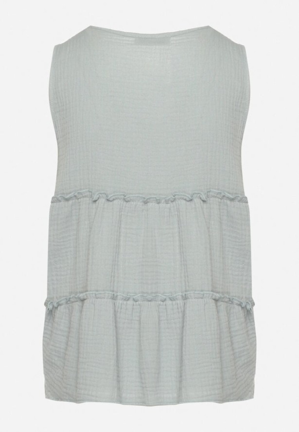 Jasnozielona Bawełniana Bluzka Muślinowa z Wiązaniem i Falbanami Ralania