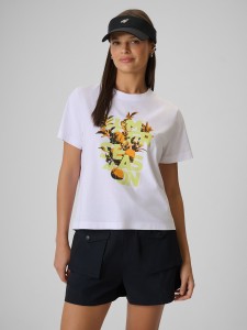 4F T-shirt boxy z nadrukiem damski - biały L