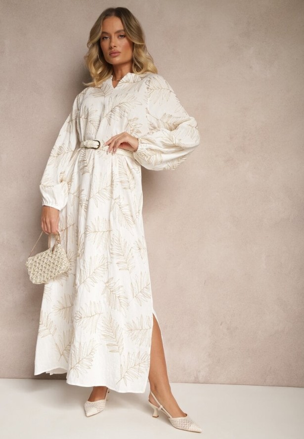 Biała Sukienka z Wiskozy Ozdobiona Haftami i Metaliczną Nicią Tervezia