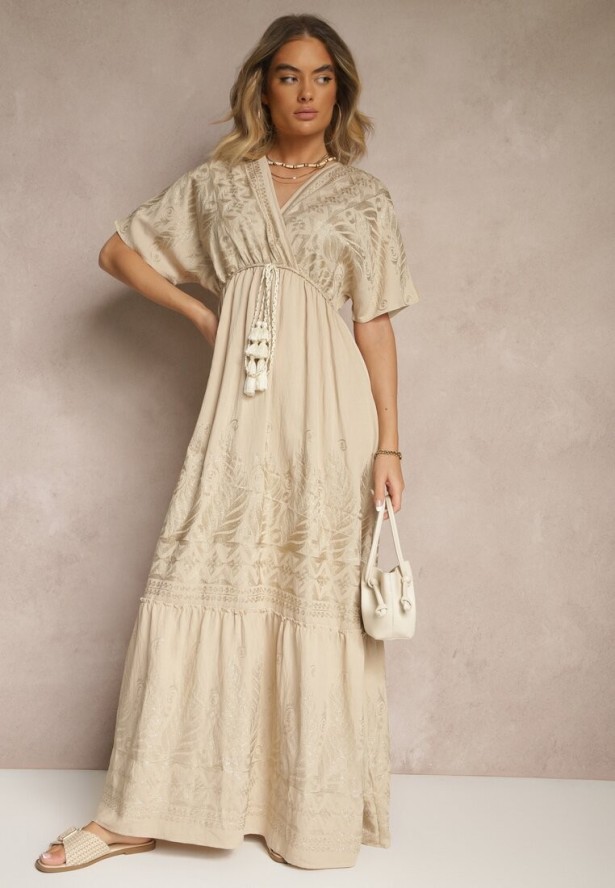 Beżowa Wiskozowa Sukienka Kopertowym Dekoltem i Frędzlami Redevie