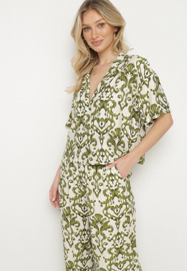 Ciemnozielony Komplet z Wiskozy w Ornamentalny Wzór Koszula i Spodnie Evialirae