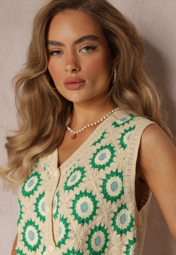 Beżowo-Zielona Bawełniana Bluzka Top w Dzianinowym Stylu Momoi