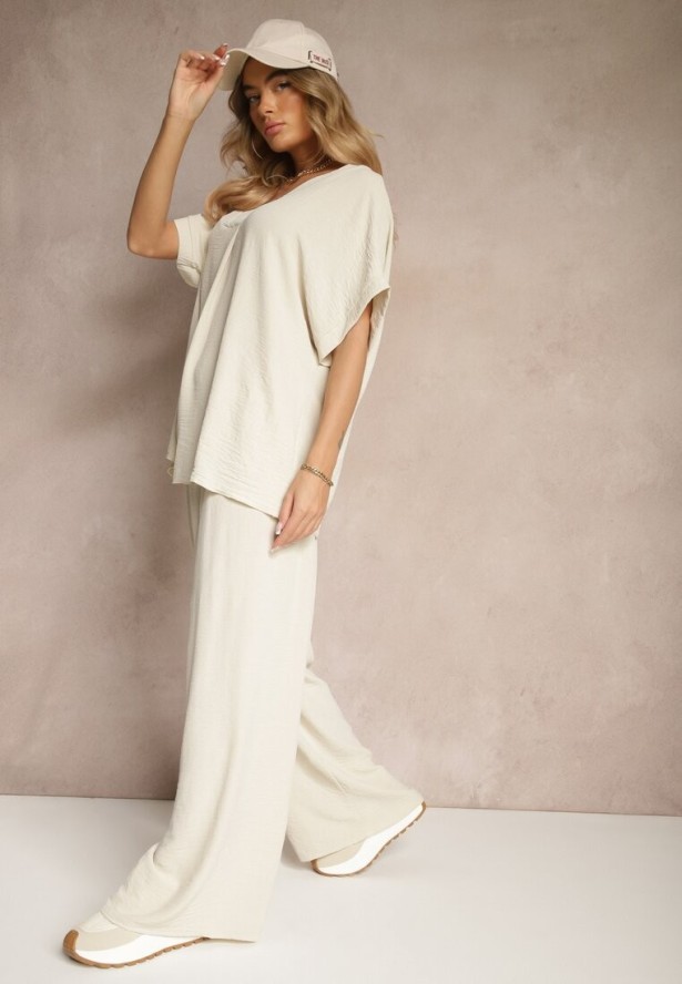 Ciemnobeżowy Bawełniany Komplet Spodnie o Szerokim Kroju i T-shirt Oversize Seltebis