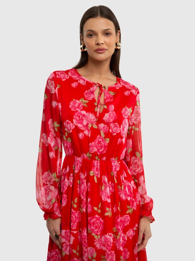 Sukienka damska midi z motywem kwiatowym czerwona Malini 603