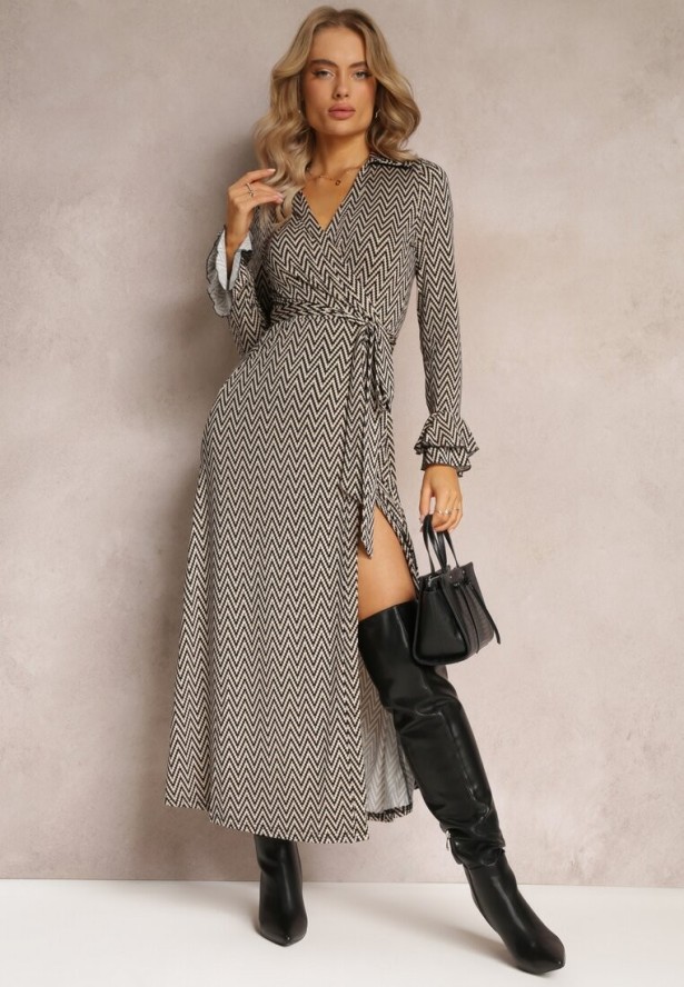 Beżowo-Czarna Sukienka Kopertowa z Falbanką Lutorius