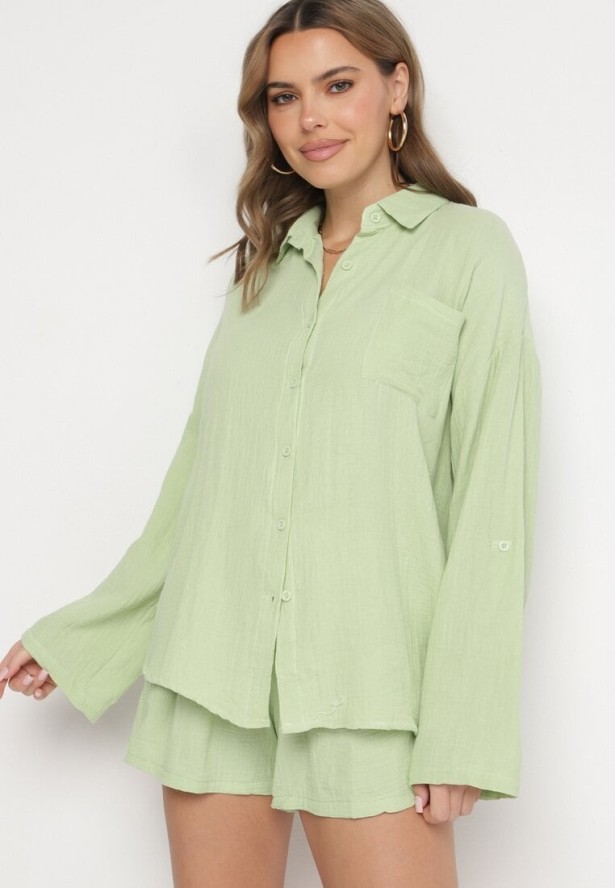 Jasnozielony Bawełniany Komplet Koszula z Regulowanymi Rękawami i Szorty Eleadelle