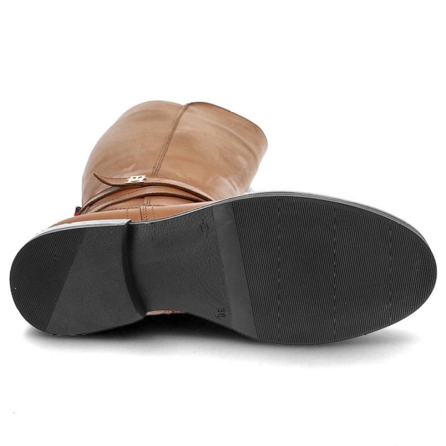 Brązowe Kozaki Damskie Tommy Hilfiger Eleganckie Skórzane Buty