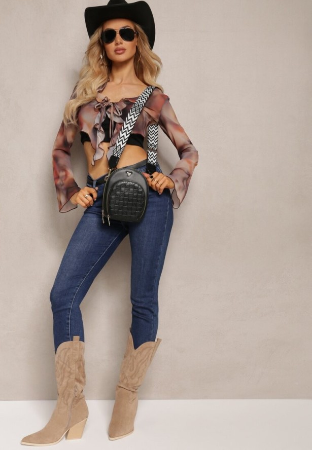 Czarna Owalna Torebka o Małym Fasonie na Ramię z Wzorzystym Paskiem Selaeno