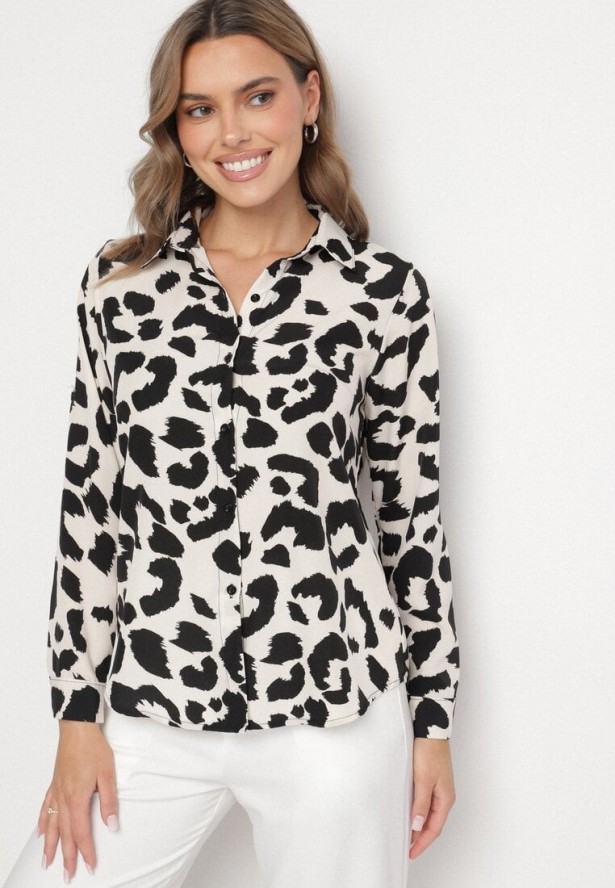 Jasnobeżowa Koszula w Panterkę z Bawełną Efariela