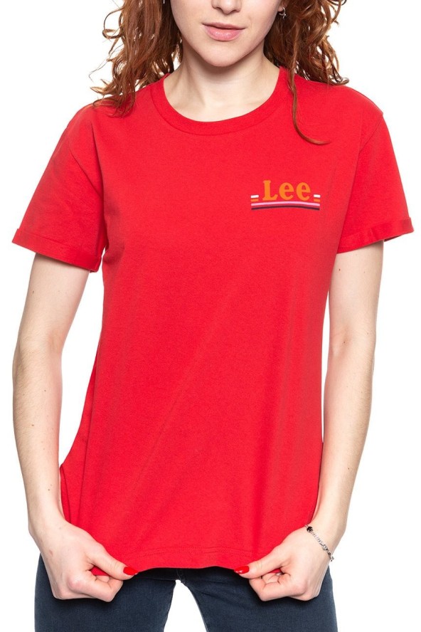 LEE T SHIRT DAMSKI CHEST LOGO TEE WARP RED L43ZFEKG 112109773
