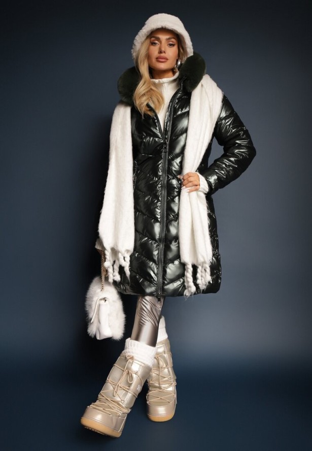 Ciemnozielona Pikowana Kurtka Metaliczna z Kapturem i Futerkiem Vivana