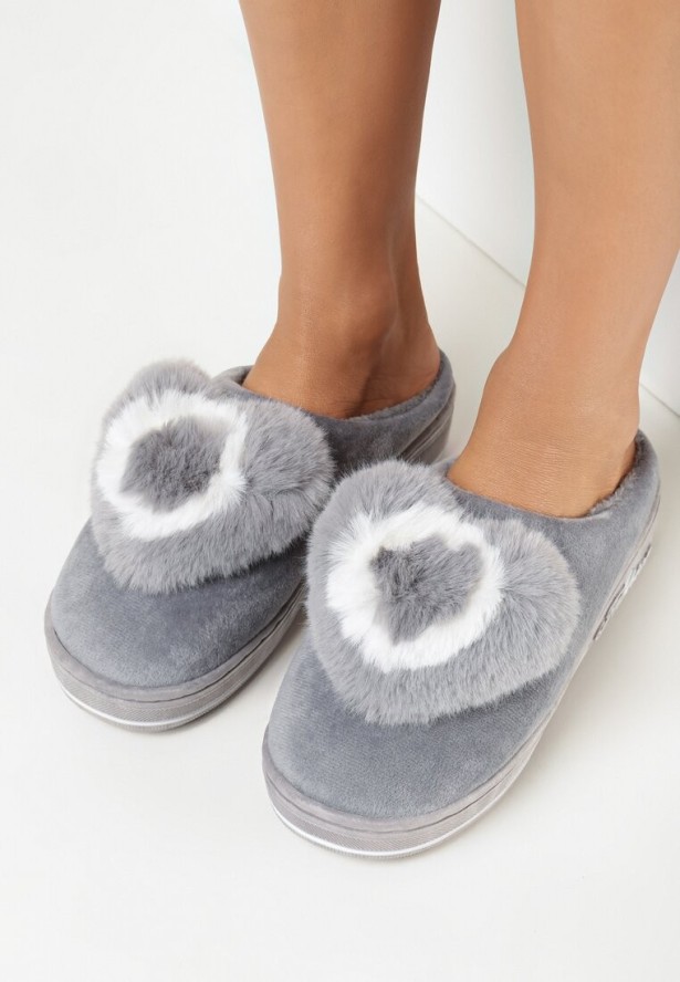 Szare Kapcie na Grubej Podeszwie z Futrzaną Aplikacją Pictor