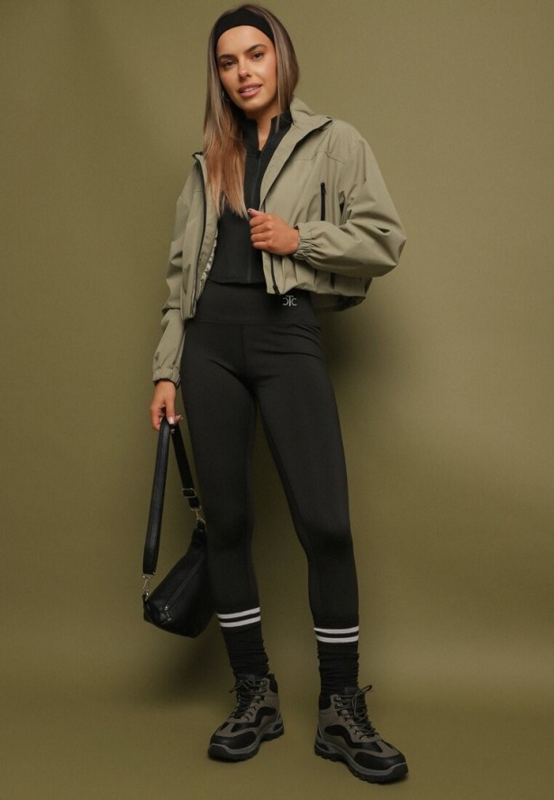 Ciemnozielona Sportowa Kurtka o Kroju Oversize z Kapturem i Ściągaczem w Pasie Voliana