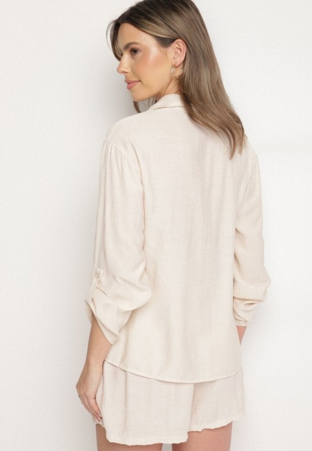 Beżowy Komplet z Wiskozy Koszula z Długim Rękawem i Szorty z Gumką w Pasie Efralice