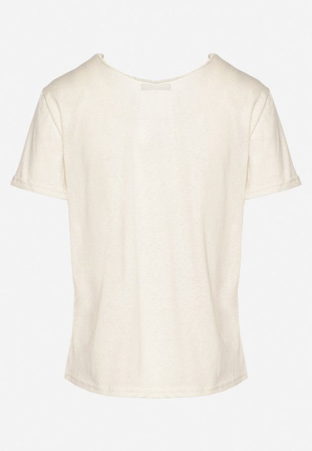 Beżowy T-shirt z Bawełny z Wiskozą i Ażurowym Zdobieniem Alivira