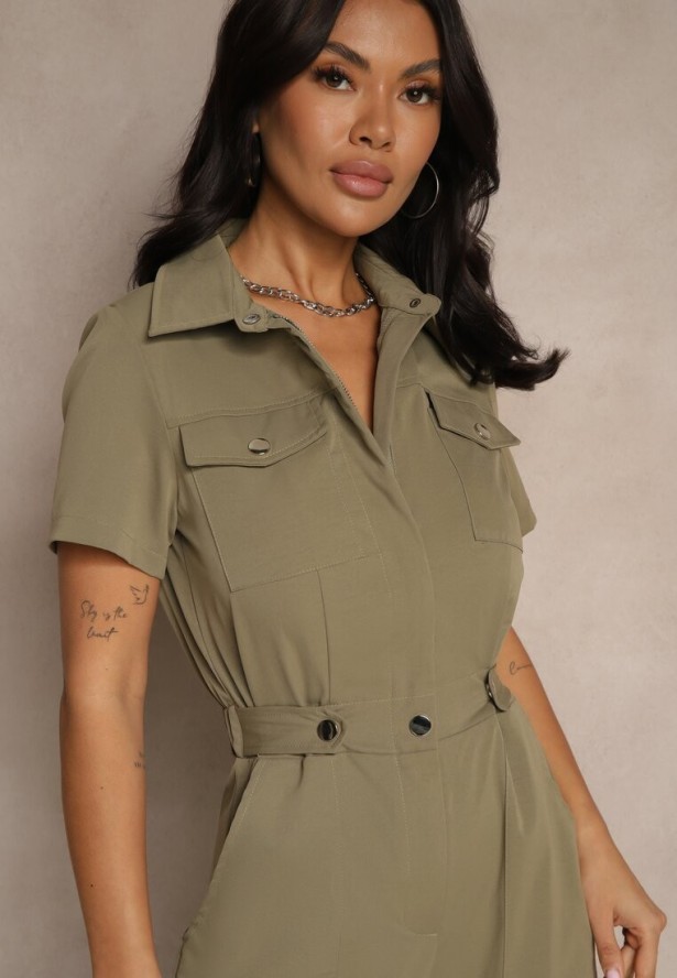 Ciemnozielony Kombinezon Wide Leg z Kołnierzykiem Suwakiem i Krótkim Rękawem Jenaralitia