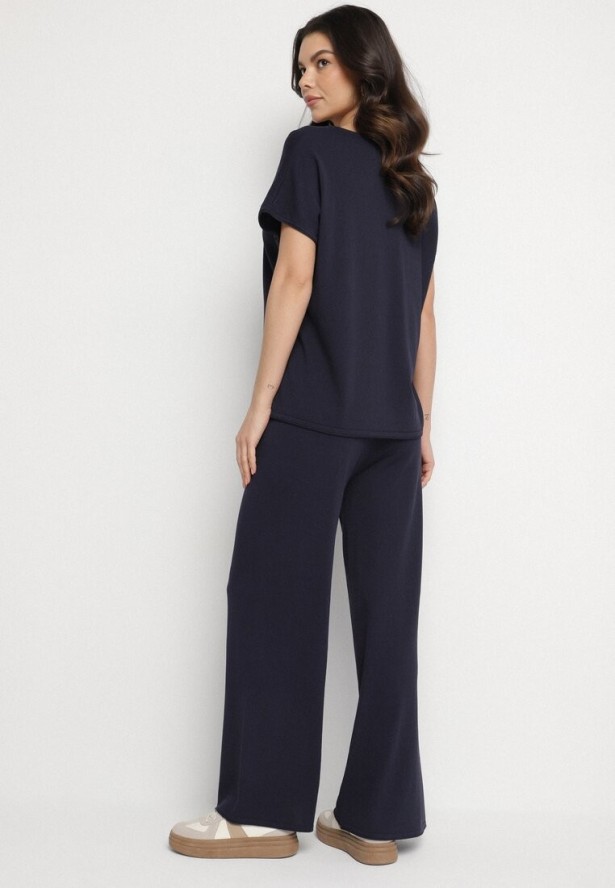 Granatowy Wiskozowy Komplet Szerokie Spodnie i T-shirt Inelora