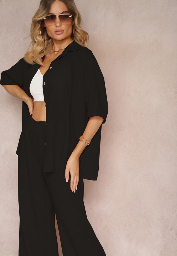 Czarny 2-Częściowy Komplet Koszula z Krótkim Rękawem Spodnie z Gumką w Pasie Vimacia