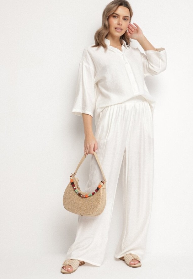 Biały Komplet z Wiskozy Koszula z Podpinanymi Rękawami i Szerokie Spodnie Dormoi